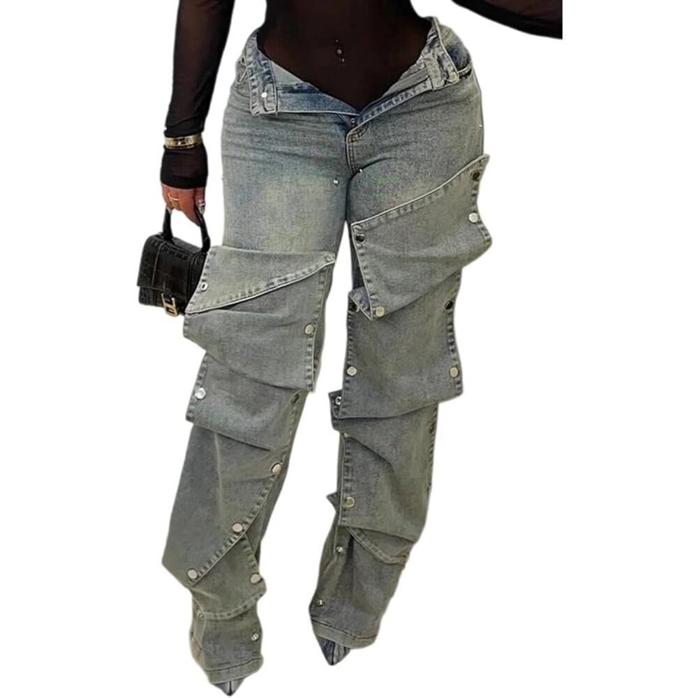 Women Cargo Jeans High Waisted Straight Wide Leg Denim Pants Casual Trendy - Picture 1 of 5